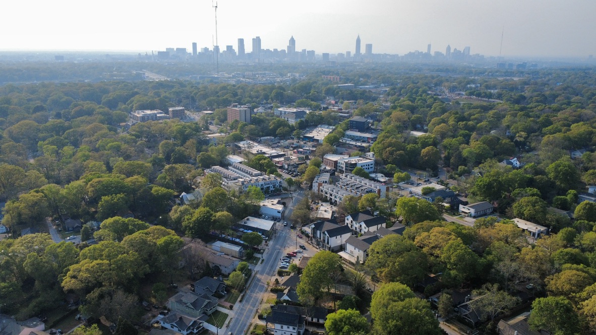 Aerial view toward the Atlanta skyline