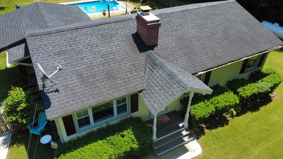 Detailed aerial view of a residential roof